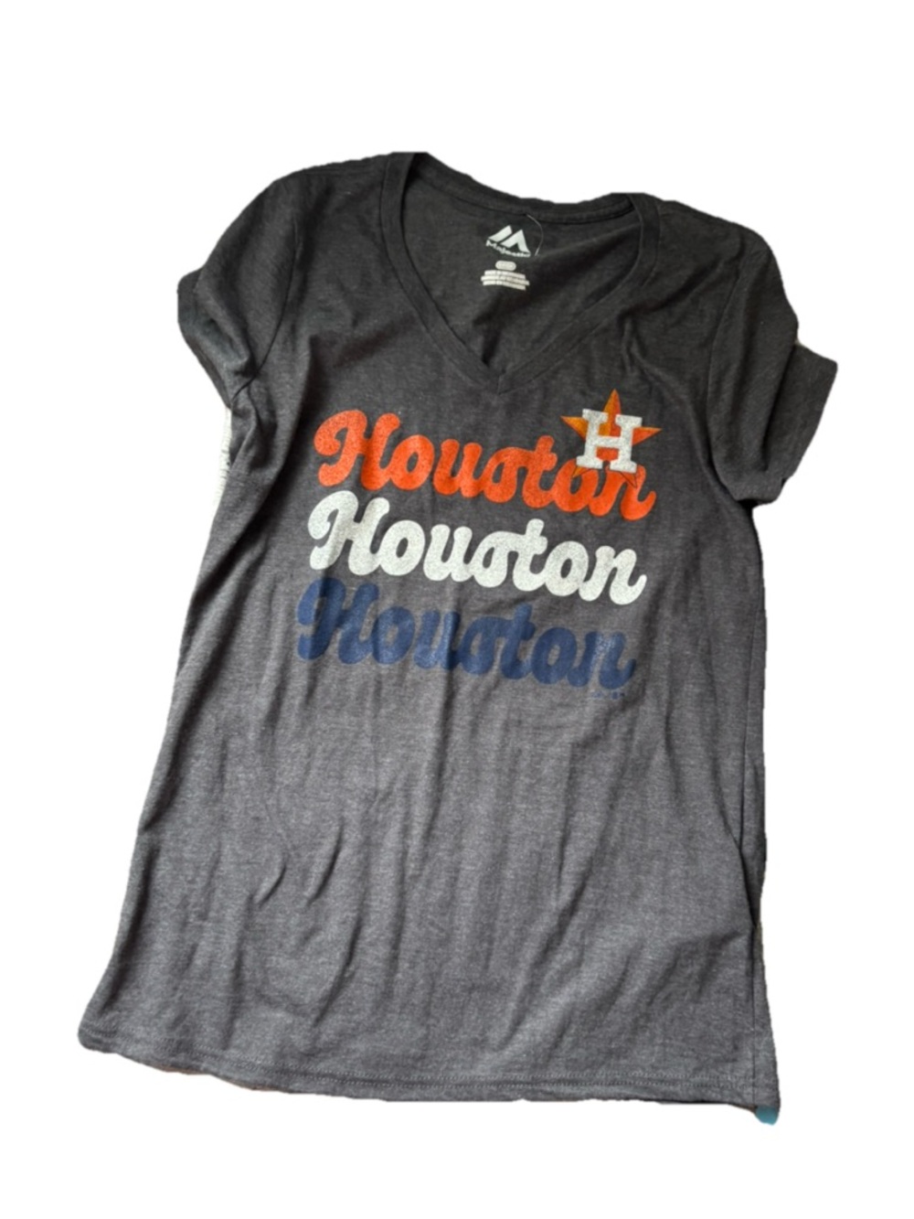 Majestic Houston Layered Script Tee - Charcoal, Orange, White, Navy